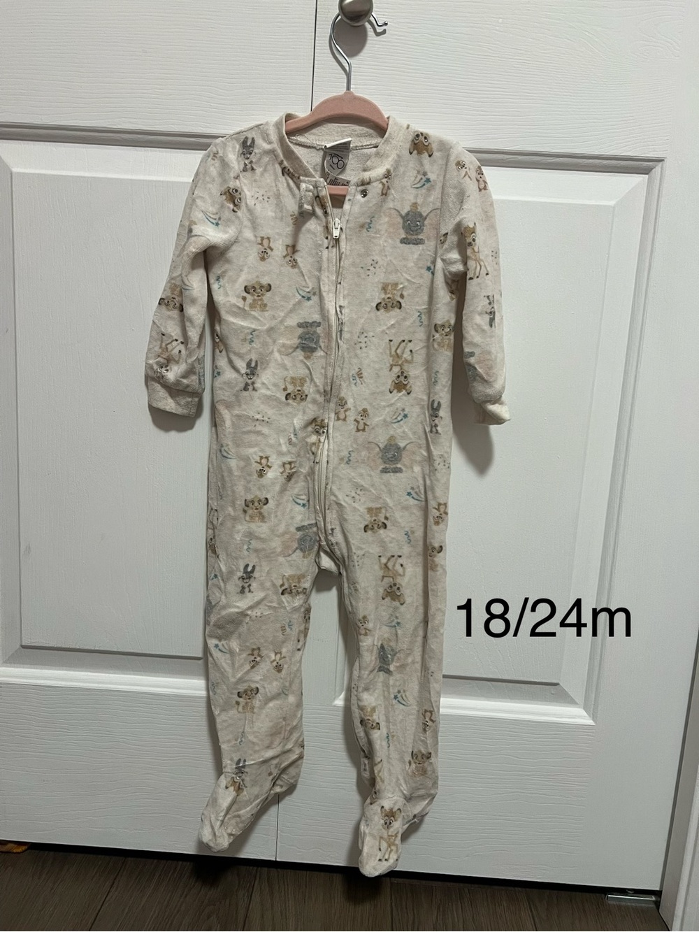 Disney Cream Animal-Print Footed One-Piece Pajamas